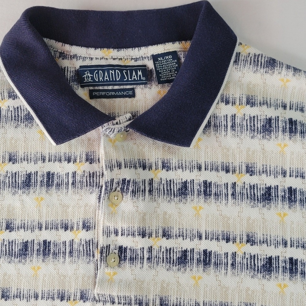 Grand Slam Performance Mens XL Golf Polo Shirt Stripe Navy Yellow Cotton Button